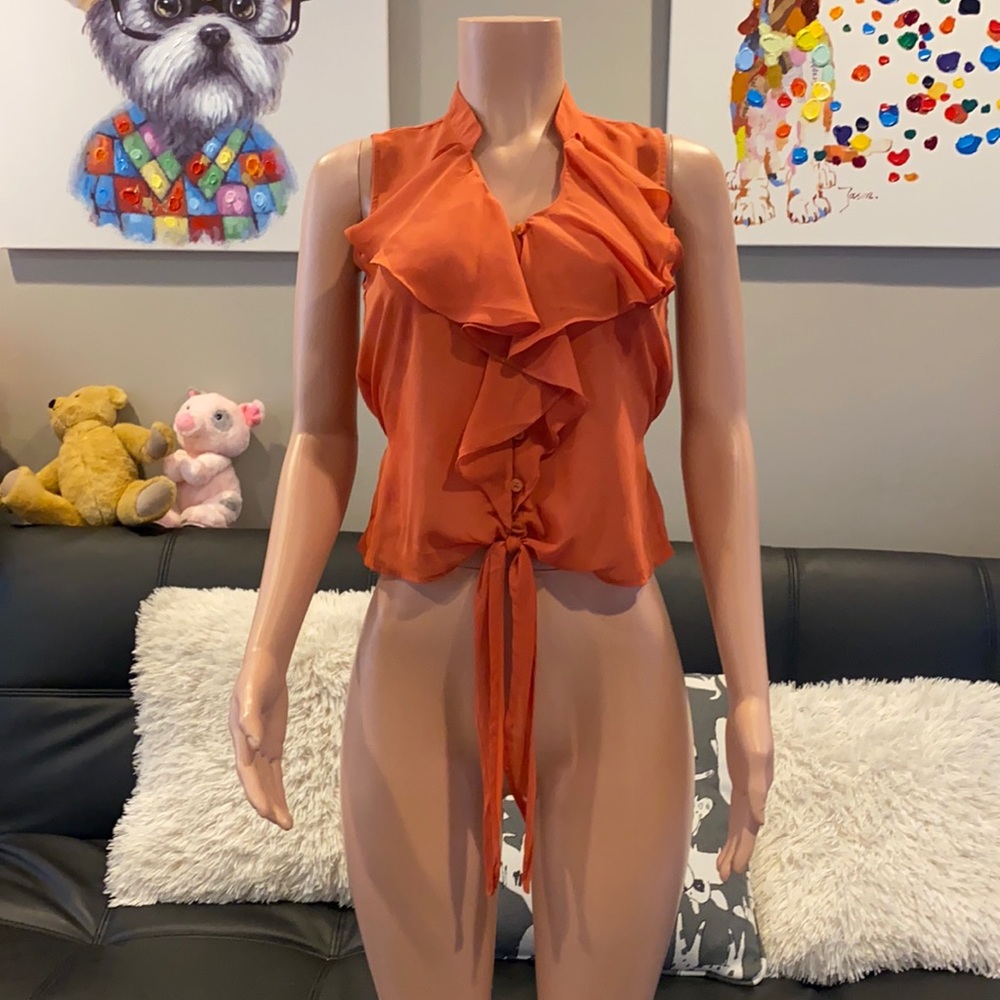 Rust Orange Ruffle V Neck Tie Front Smocked Sleeveless Blouse Small NWT